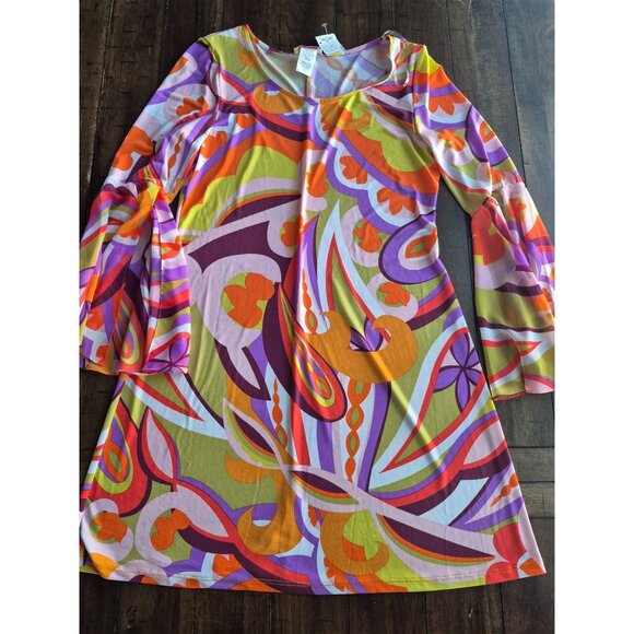 Colorful Retro Swirl Bell Sleeve Dress By Ivy Lane - Size M - Picture 1 of 5
